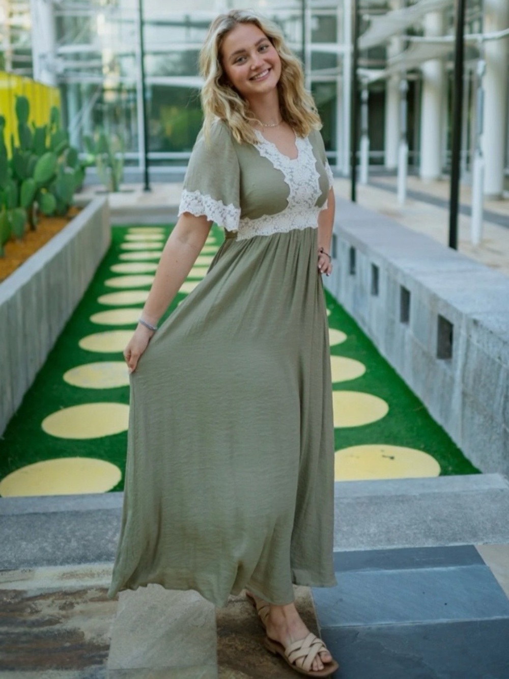 Wishlist Olive Maxi Dress with White Lace Trim